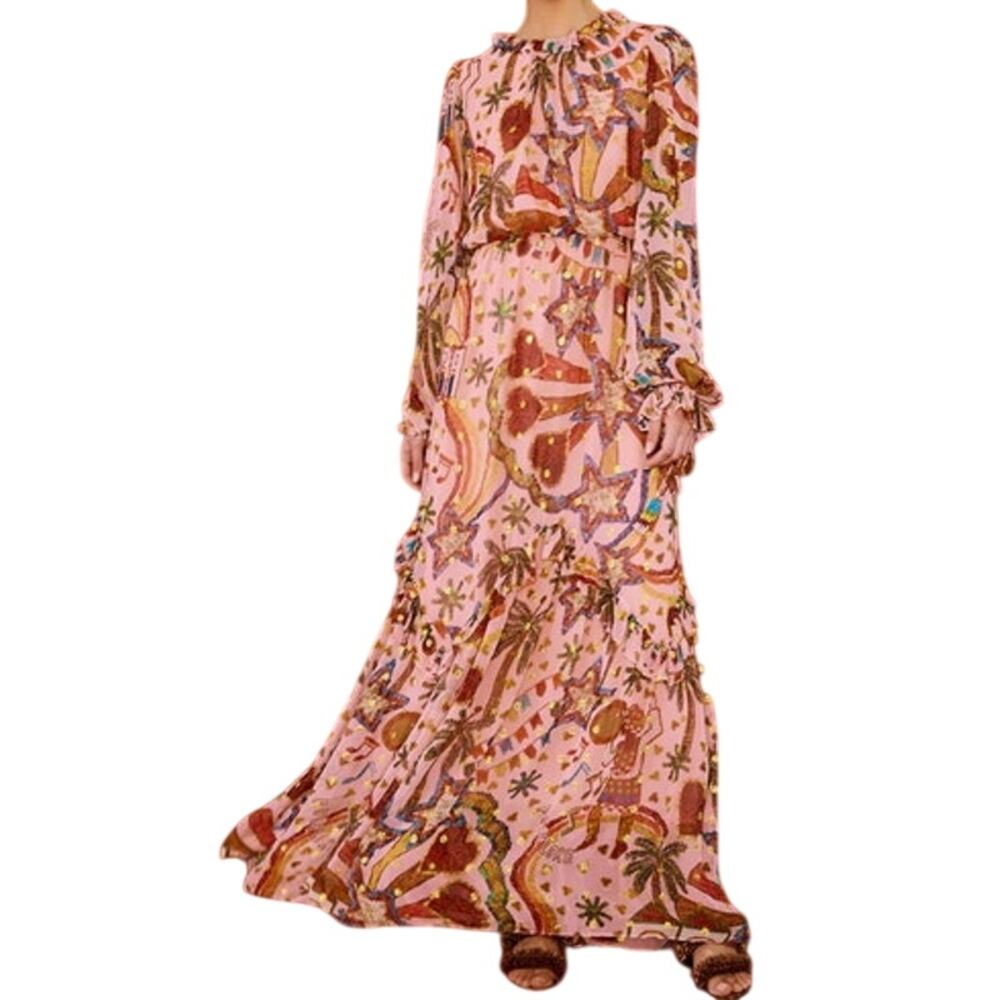 FARM Rio Pink Folk Party Ruffle Tiered Maxi Dress with Beaded Cuffs Size M